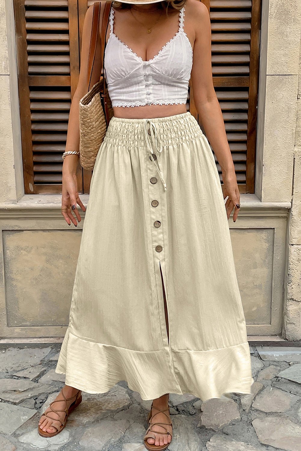 apricot drawstring waist button split skirt - MAD RUFFI