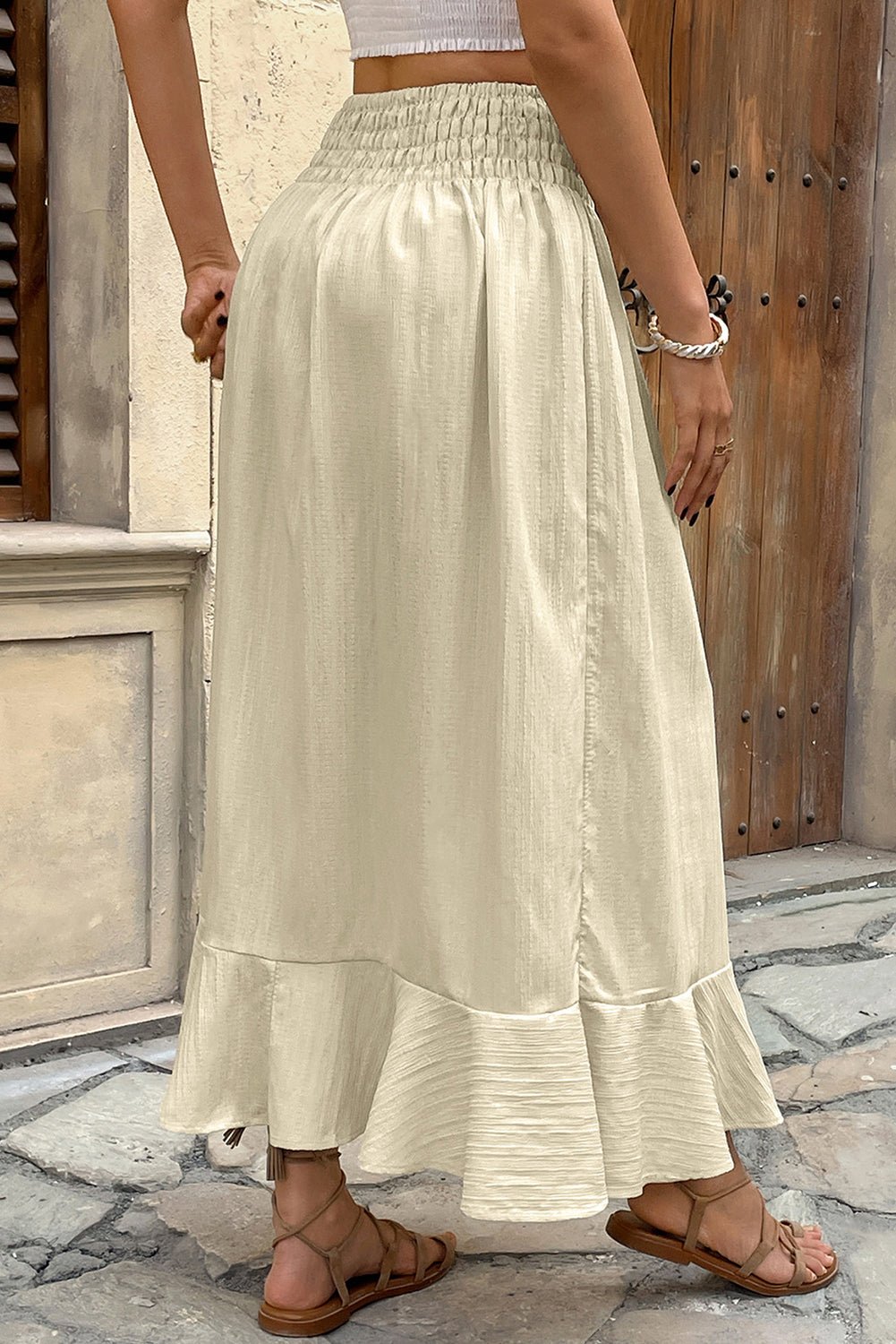 apricot drawstring waist button split skirt - MAD RUFFI