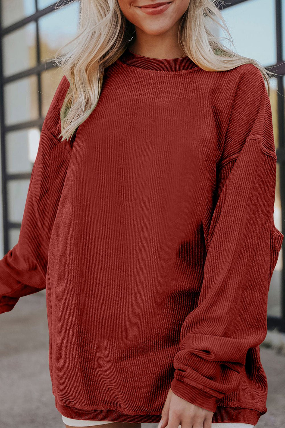 Apricot Drop Shoulder Rib Knit Oversized Sweatshirt - MAD RUFFI