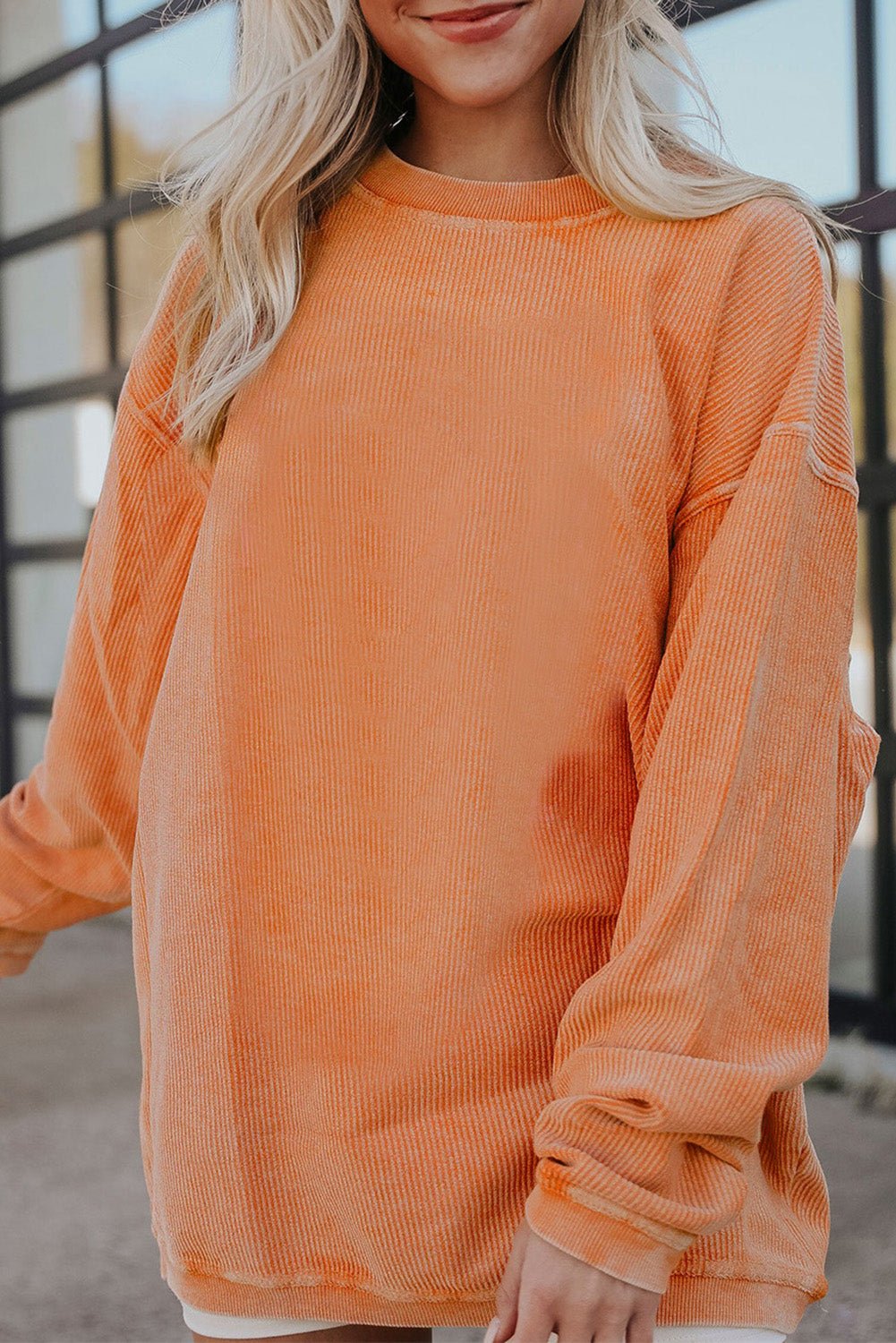 Apricot Drop Shoulder Rib Knit Oversized Sweatshirt - MAD RUFFI