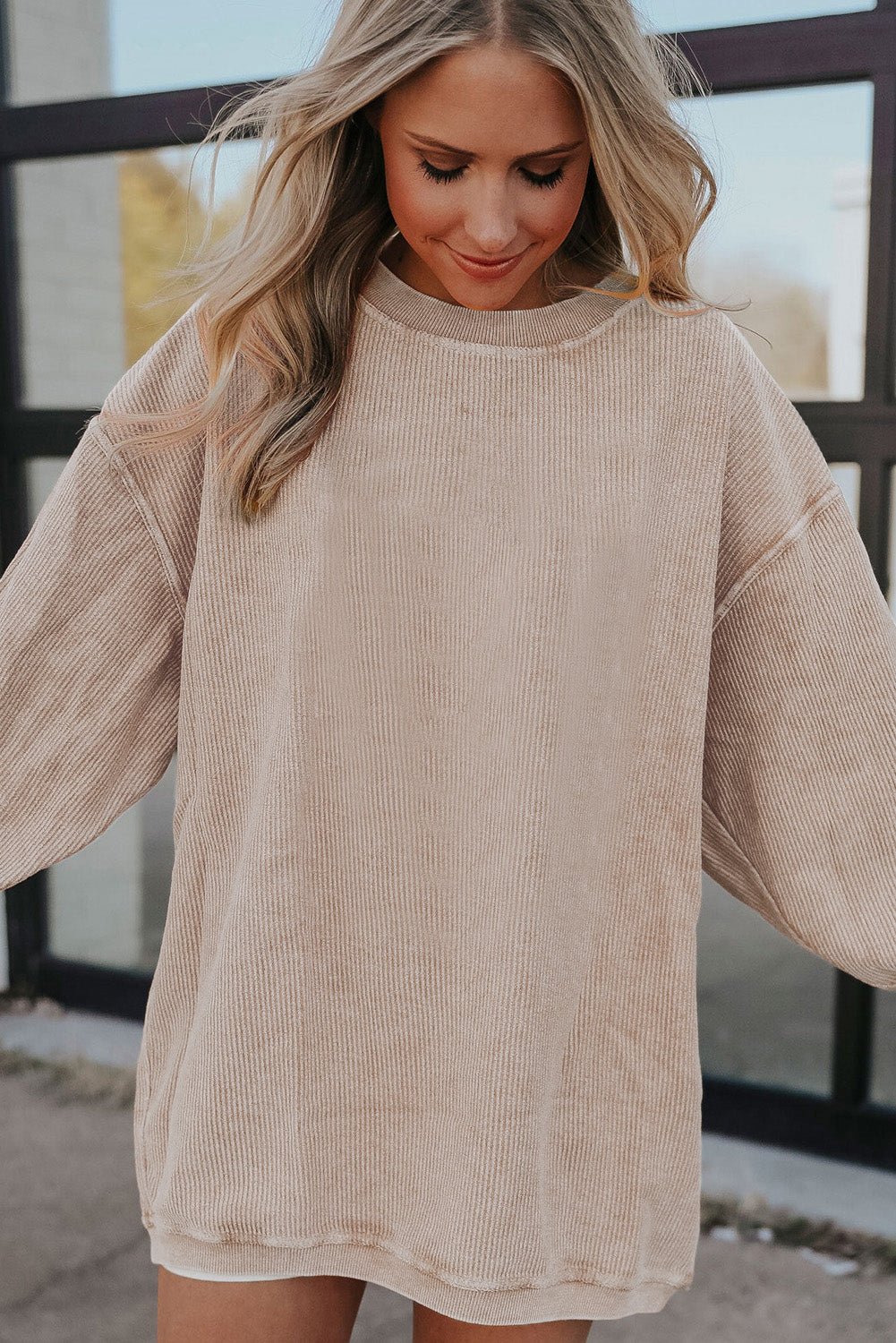 Apricot Drop Shoulder Rib Knit Oversized Sweatshirt - MAD RUFFI