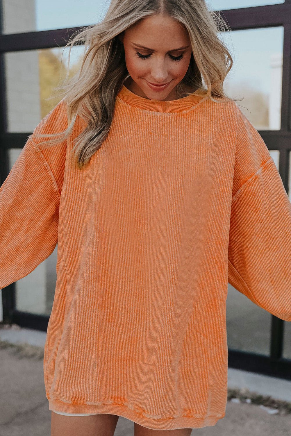 Apricot Drop Shoulder Rib Knit Oversized Sweatshirt - MAD RUFFI