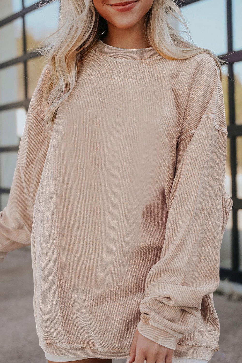 Apricot Drop Shoulder Rib Knit Oversized Sweatshirt - MAD RUFFI