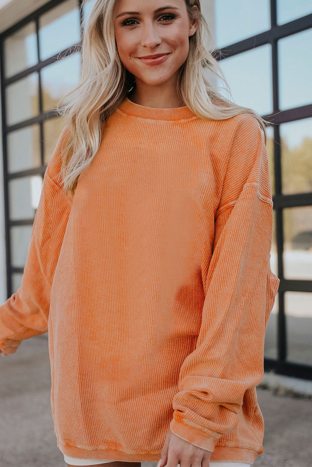 Apricot Drop Shoulder Rib Knit Oversized Sweatshirt - MAD RUFFI