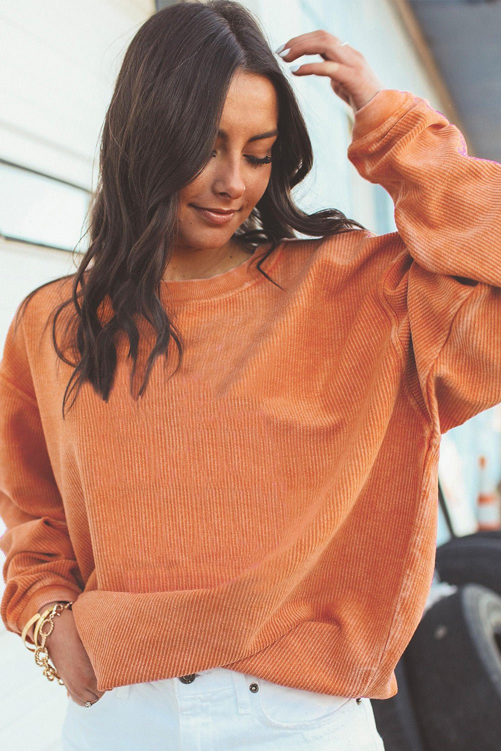 Apricot Drop Shoulder Rib Knit Oversized Sweatshirt - MAD RUFFI