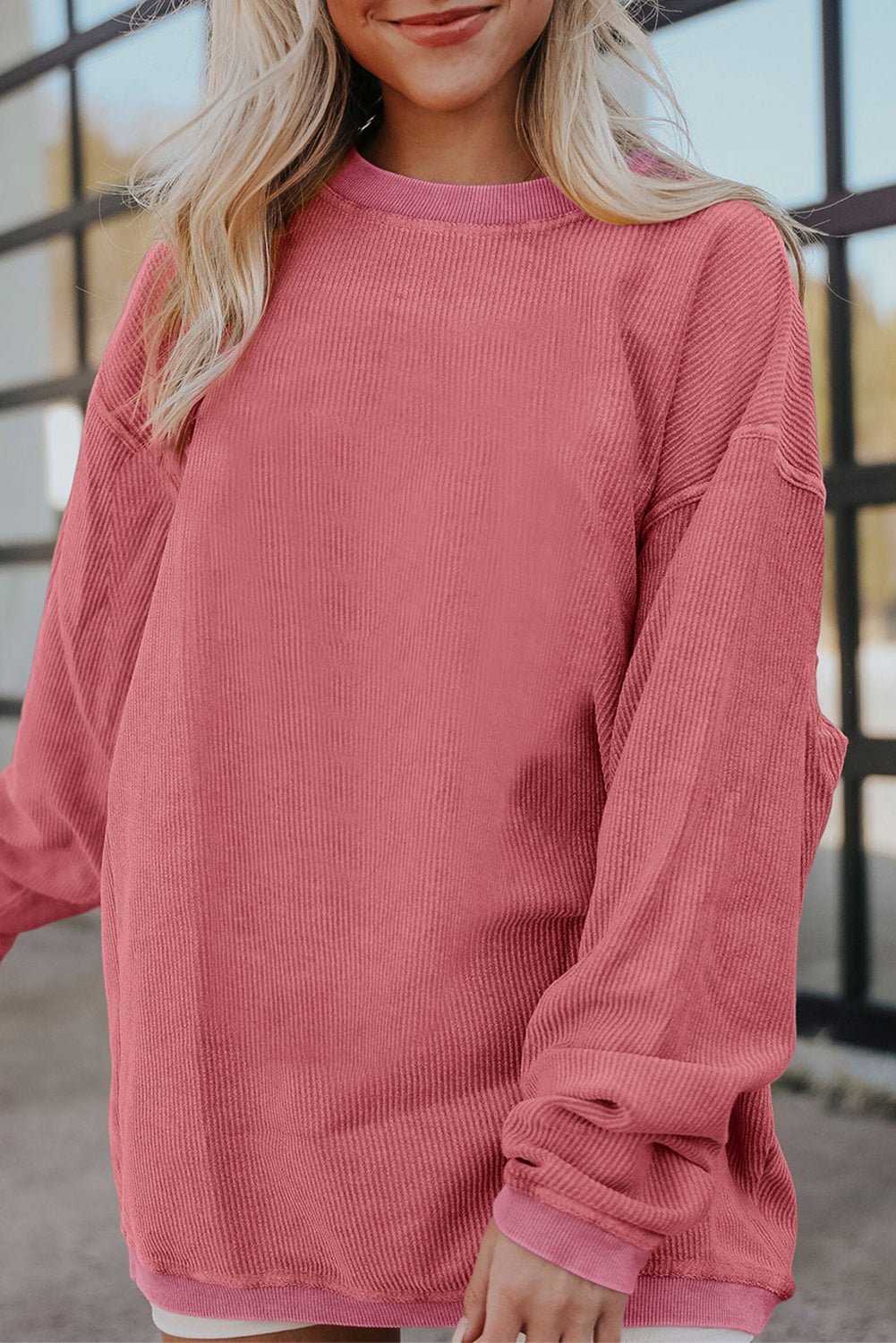Apricot Drop Shoulder Rib Knit Oversized Sweatshirt - MAD RUFFI