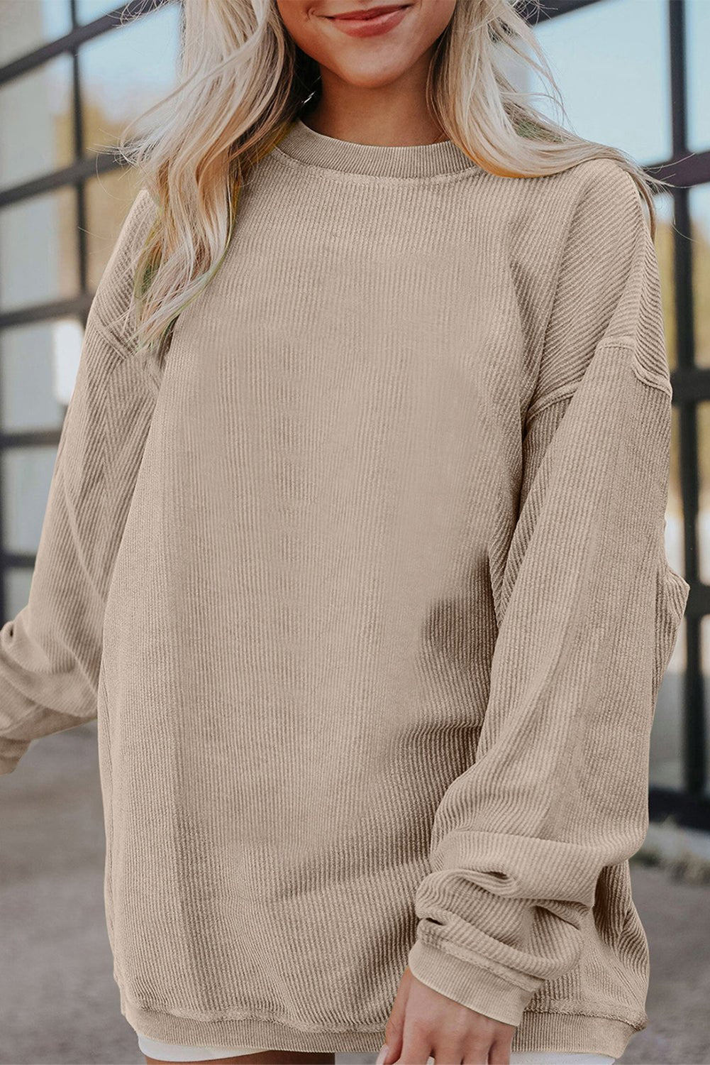Apricot Drop Shoulder Rib Knit Oversized Sweatshirt - MAD RUFFI