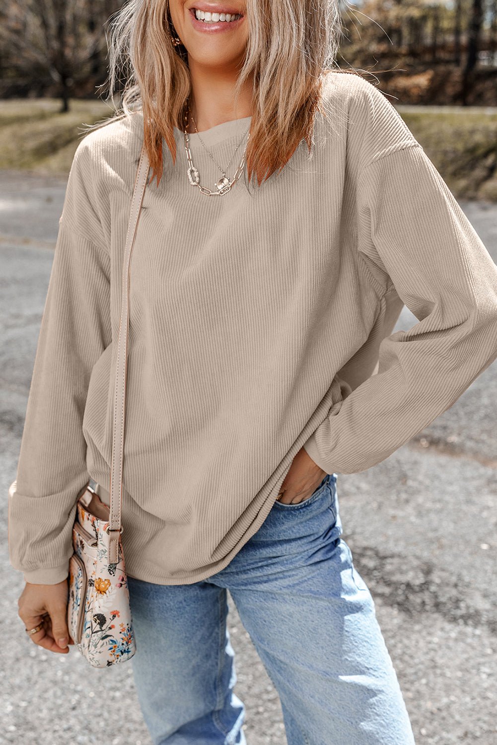 Apricot Drop Shoulder Rib Knit Oversized Sweatshirt - MAD RUFFI