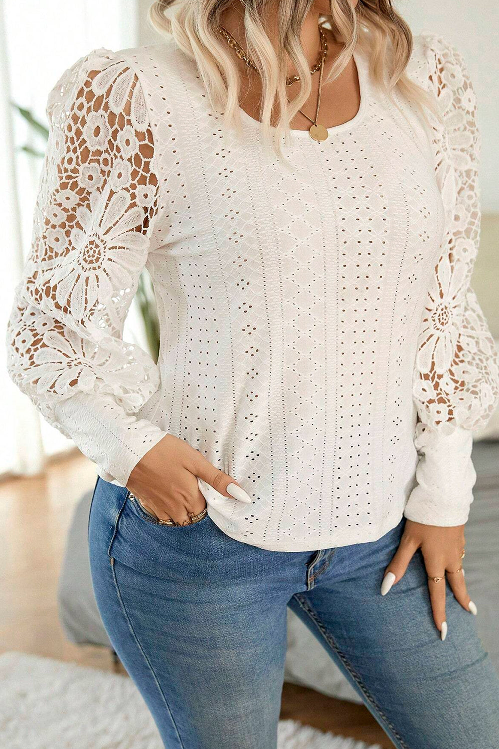 Apricot Floral Guipure Lace Puff Sleeve U Neck Eyelet Plus Size Blouse - Plus Size Tops