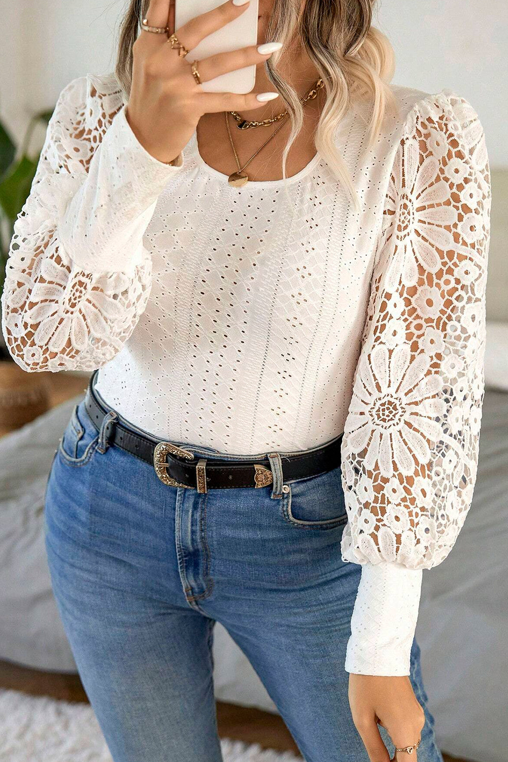 Apricot Floral Guipure Lace Puff Sleeve U Neck Eyelet Plus Size Blouse - Apricot / 1X - Plus Size Tops