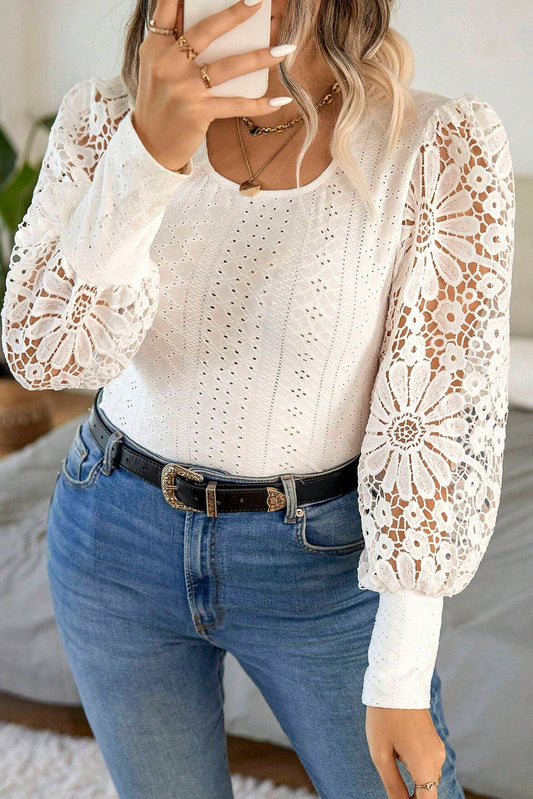 Apricot Floral Guipure Lace Puff Sleeve U Neck Eyelet Plus Size Blouse - Apricot / 1X - Plus Size Tops