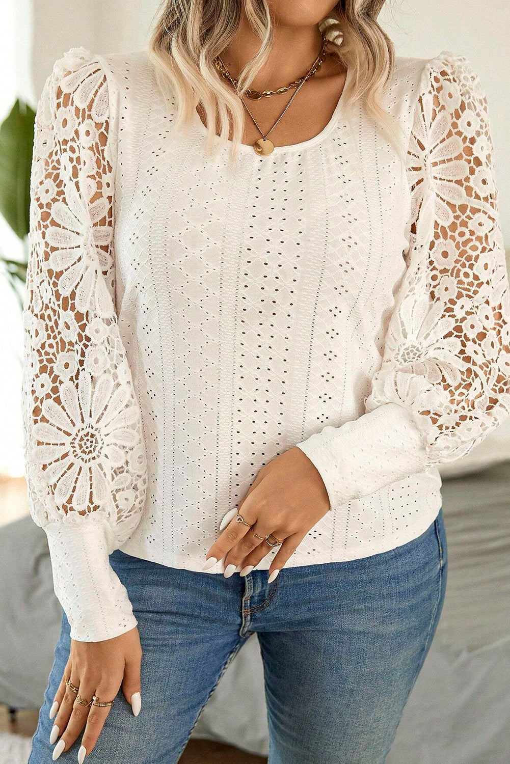 Apricot Floral Guipure Lace Puff Sleeve U Neck Eyelet Plus Size Blouse - Plus Size Tops