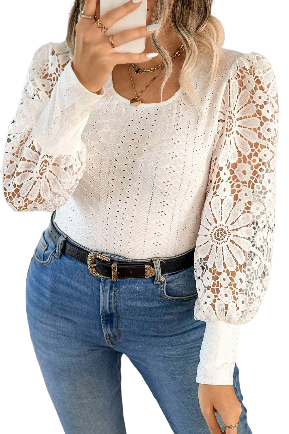 Apricot Floral Guipure Lace Puff Sleeve U Neck Eyelet Plus Size Blouse - Plus Size Tops