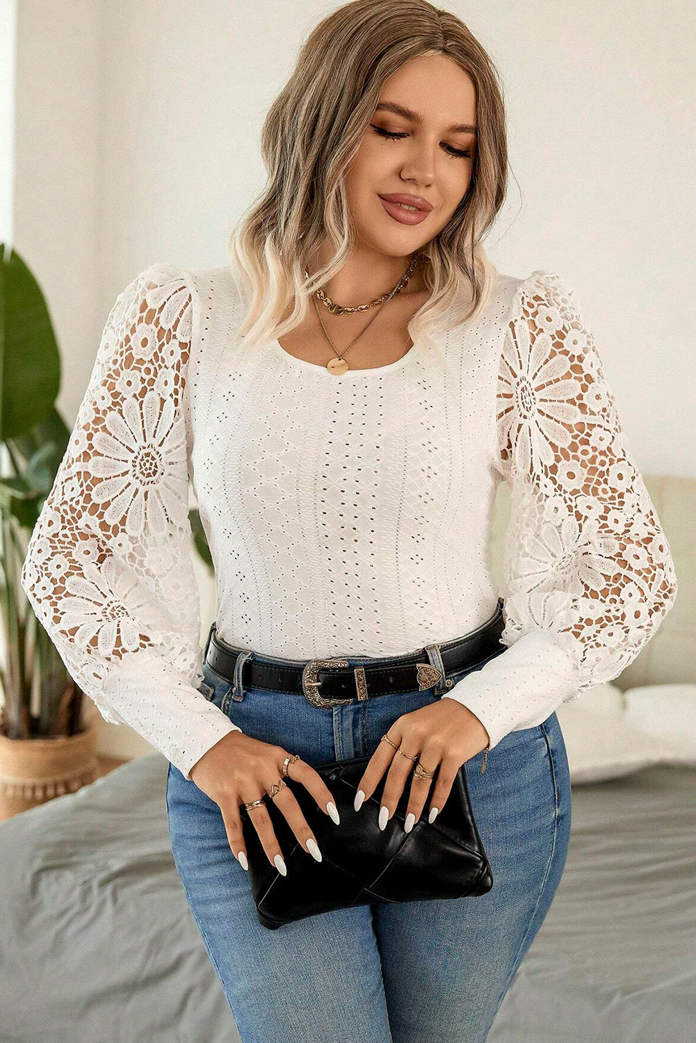 Apricot Floral Guipure Lace Puff Sleeve U Neck Eyelet Plus Size Blouse - Plus Size Tops