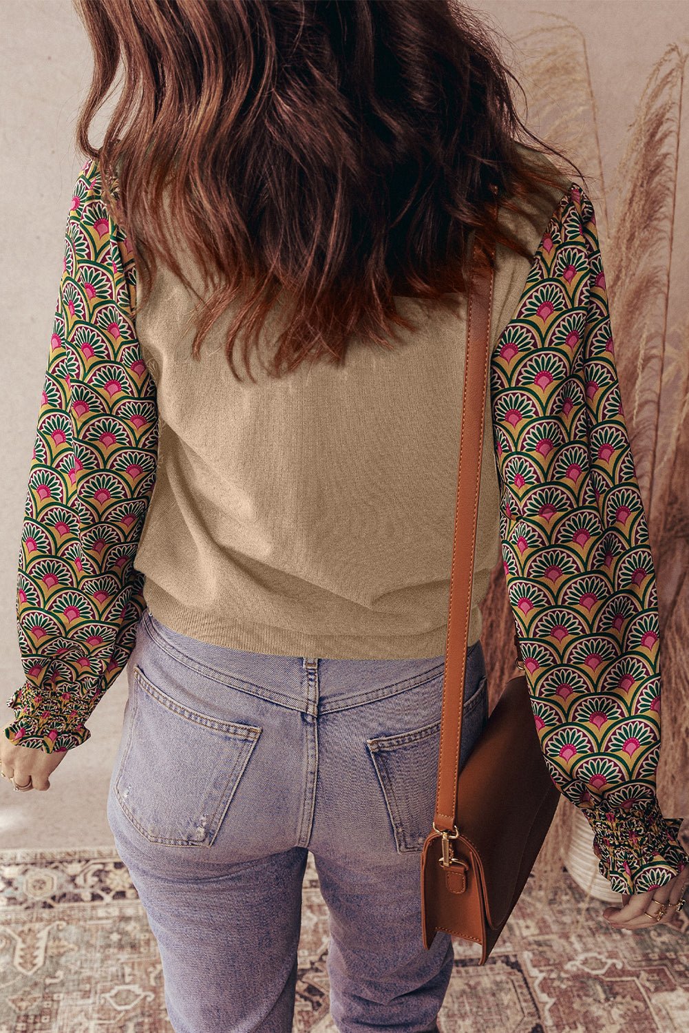 Apricot Floral Patchwork Shirred Cuff Puff Sleeve Sweater - MAD RUFFI