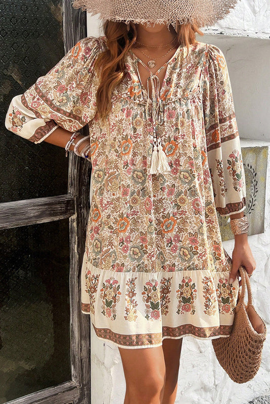 Apricot Floral Print Boho V-Neck Lace-Up Dress - MAD RUFFI