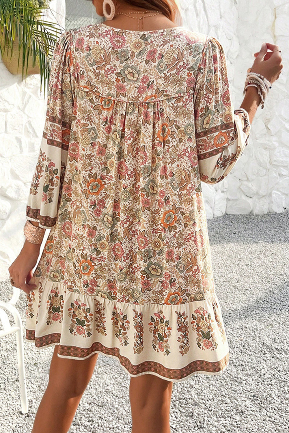 Apricot Floral Print Boho V-Neck Lace-Up Dress - MAD RUFFI