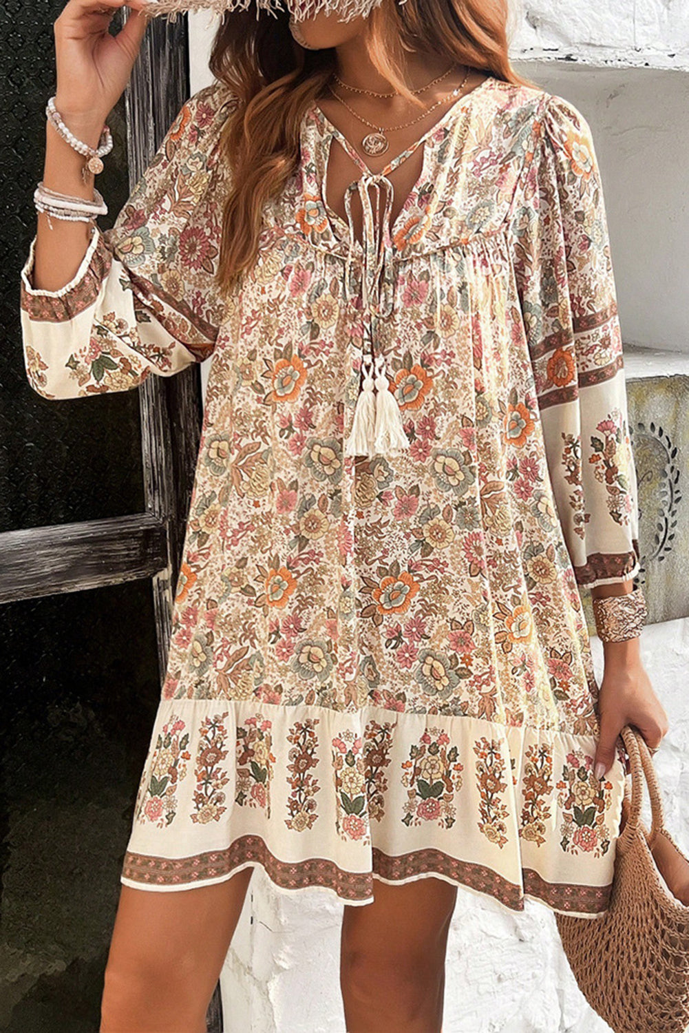 Apricot Floral Print Boho V-Neck Lace-Up Dress - MAD RUFFI