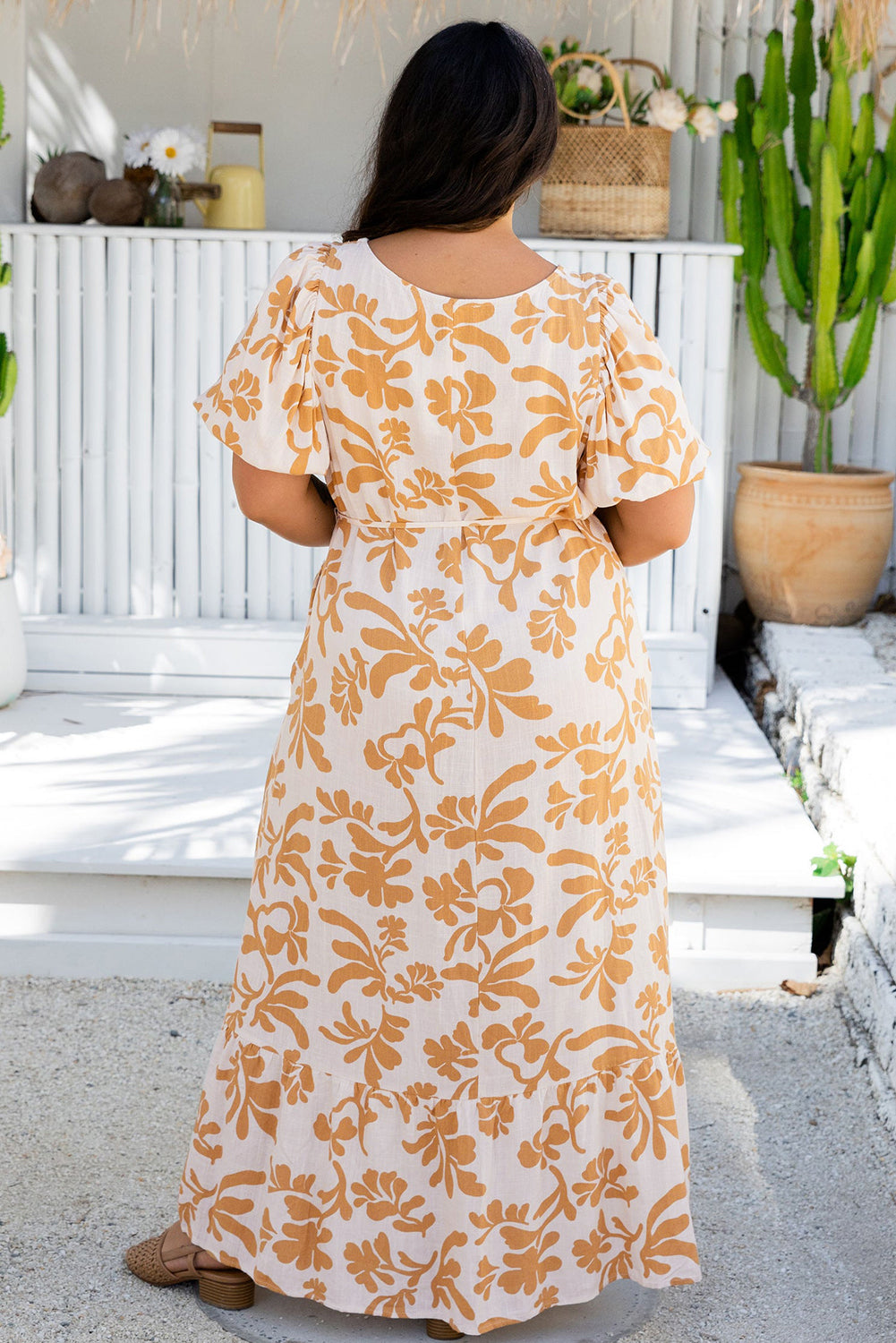 Apricot Floral Print Puff Short Sleeve Plus Size Maxi Dress - Plus Size Dresses