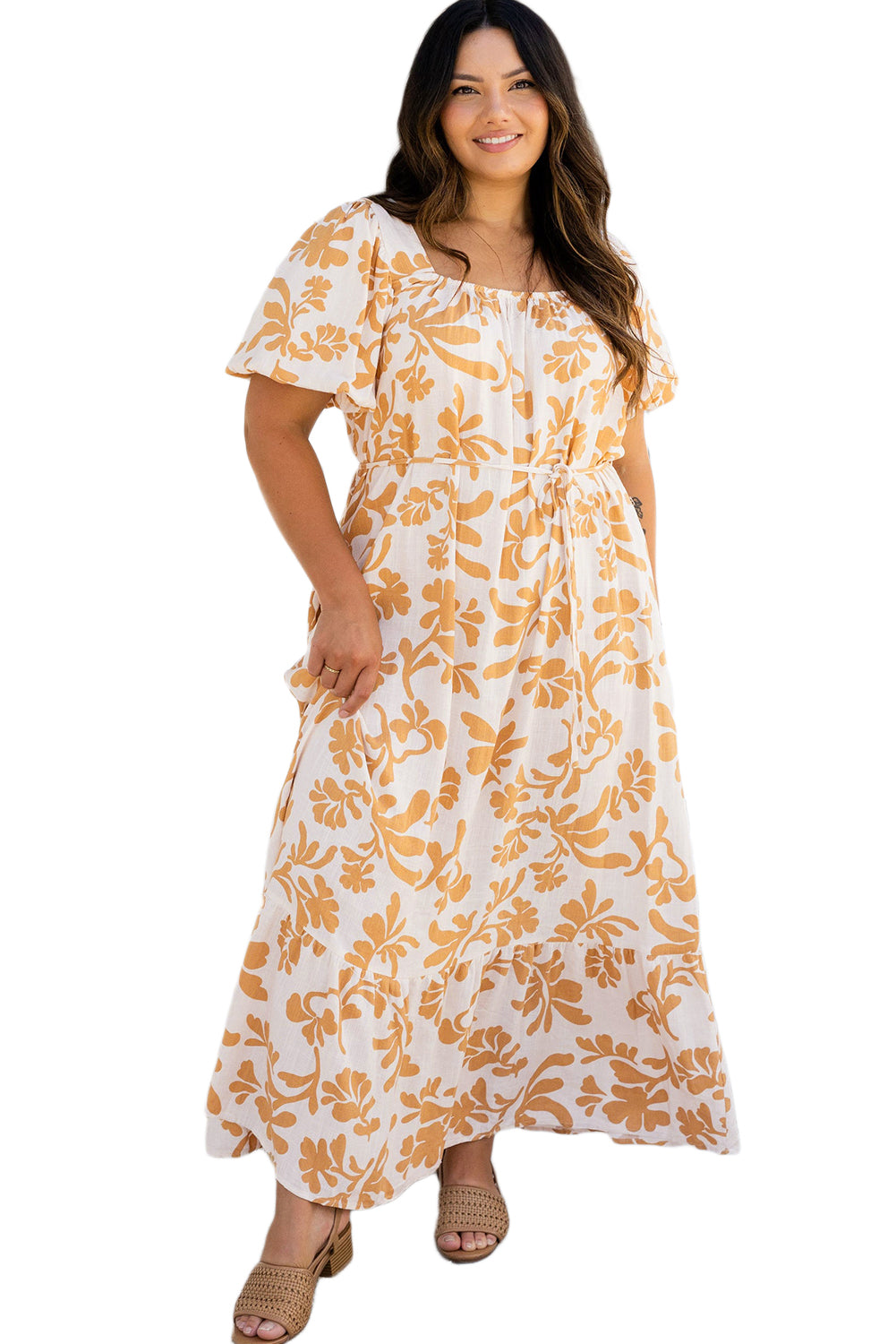 Apricot Floral Print Puff Short Sleeve Plus Size Maxi Dress - Plus Size Dresses