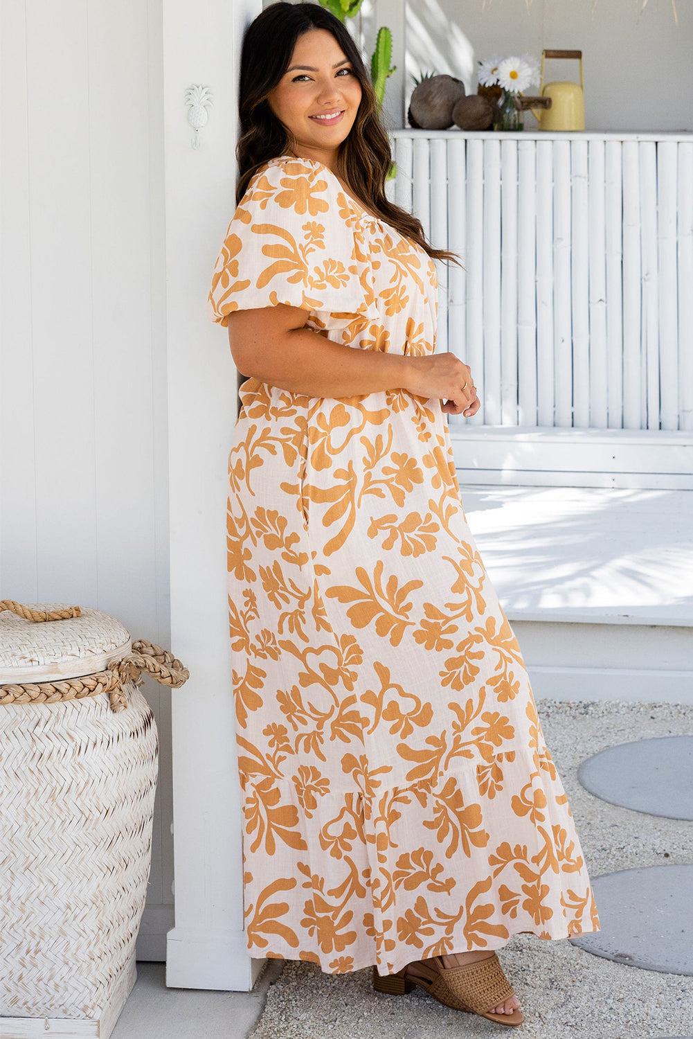 Apricot Floral Print Puff Short Sleeve Plus Size Maxi Dress - Plus Size Dresses