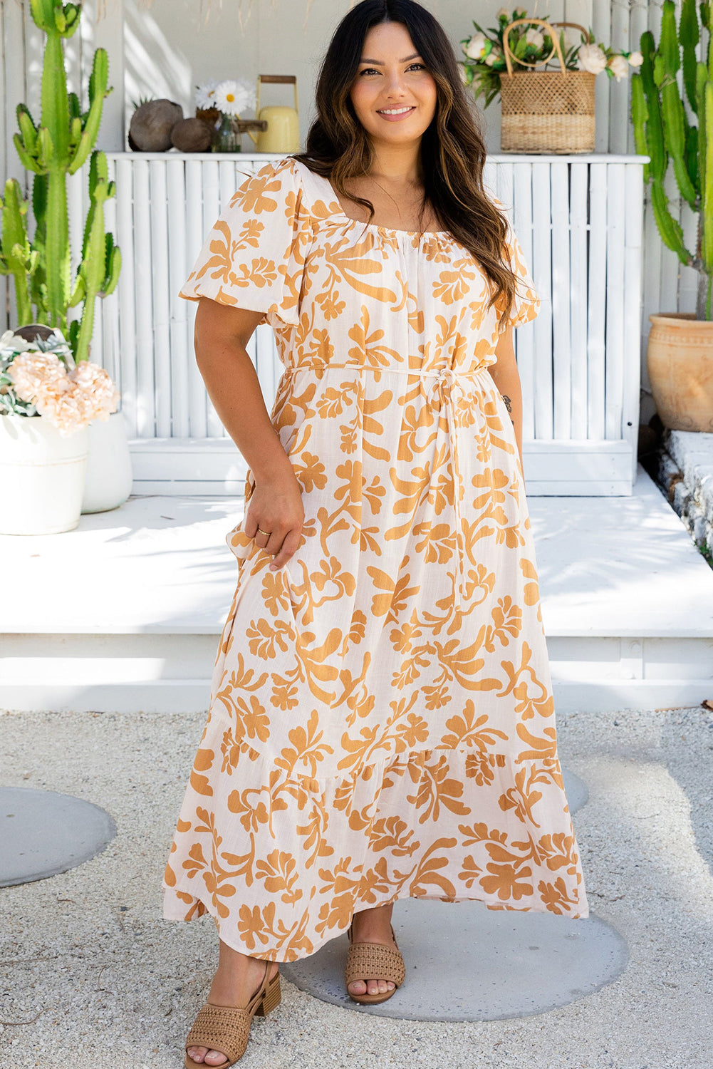 Apricot Floral Print Puff Short Sleeve Plus Size Maxi Dress - Plus Size Dresses