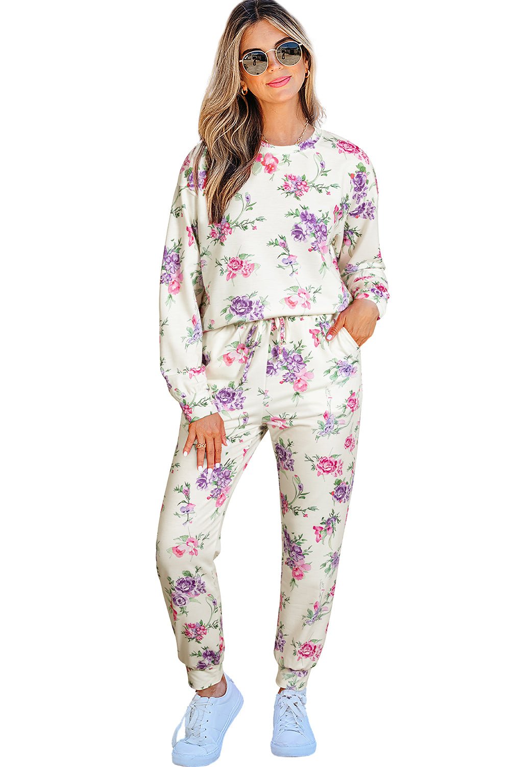 Apricot Floral Print Pullover Drawstring Lounge Pants Set - MAD RUFFI