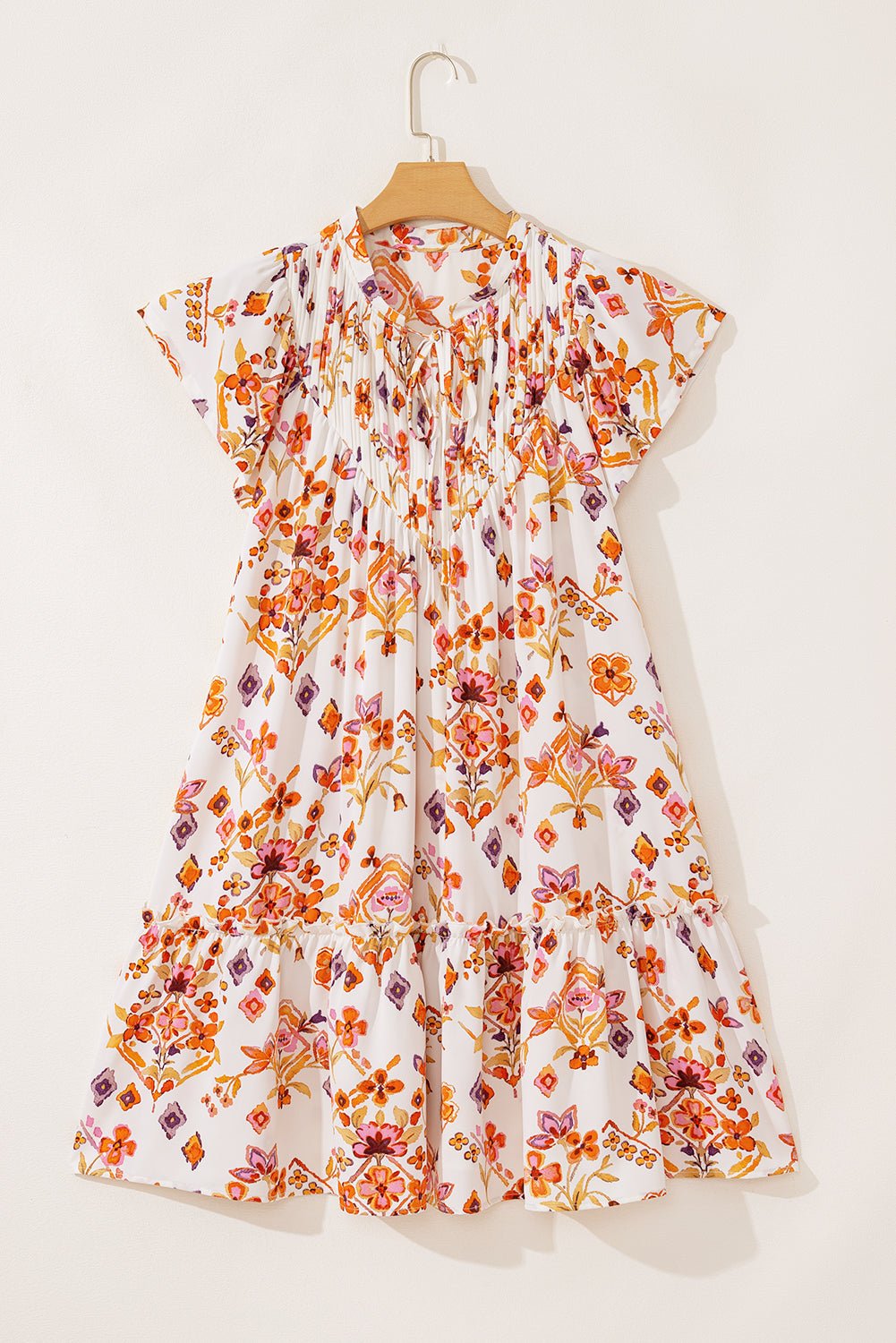 Apricot Floral Print Ruffled Trim Flutter Sleeve Mini Dress - MAD RUFFI