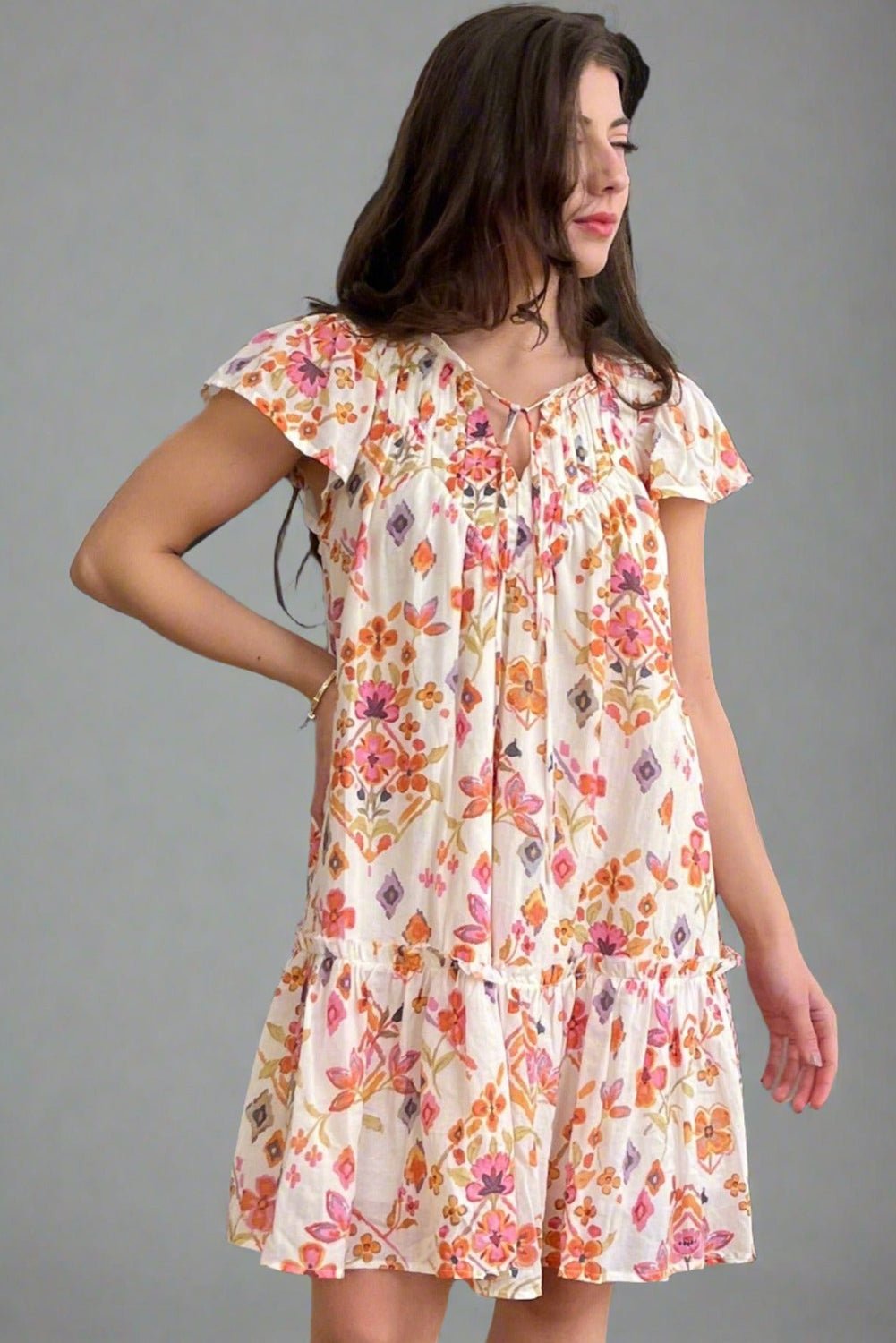 Apricot Floral Print Ruffled Trim Flutter Sleeve Mini Dress - MAD RUFFI