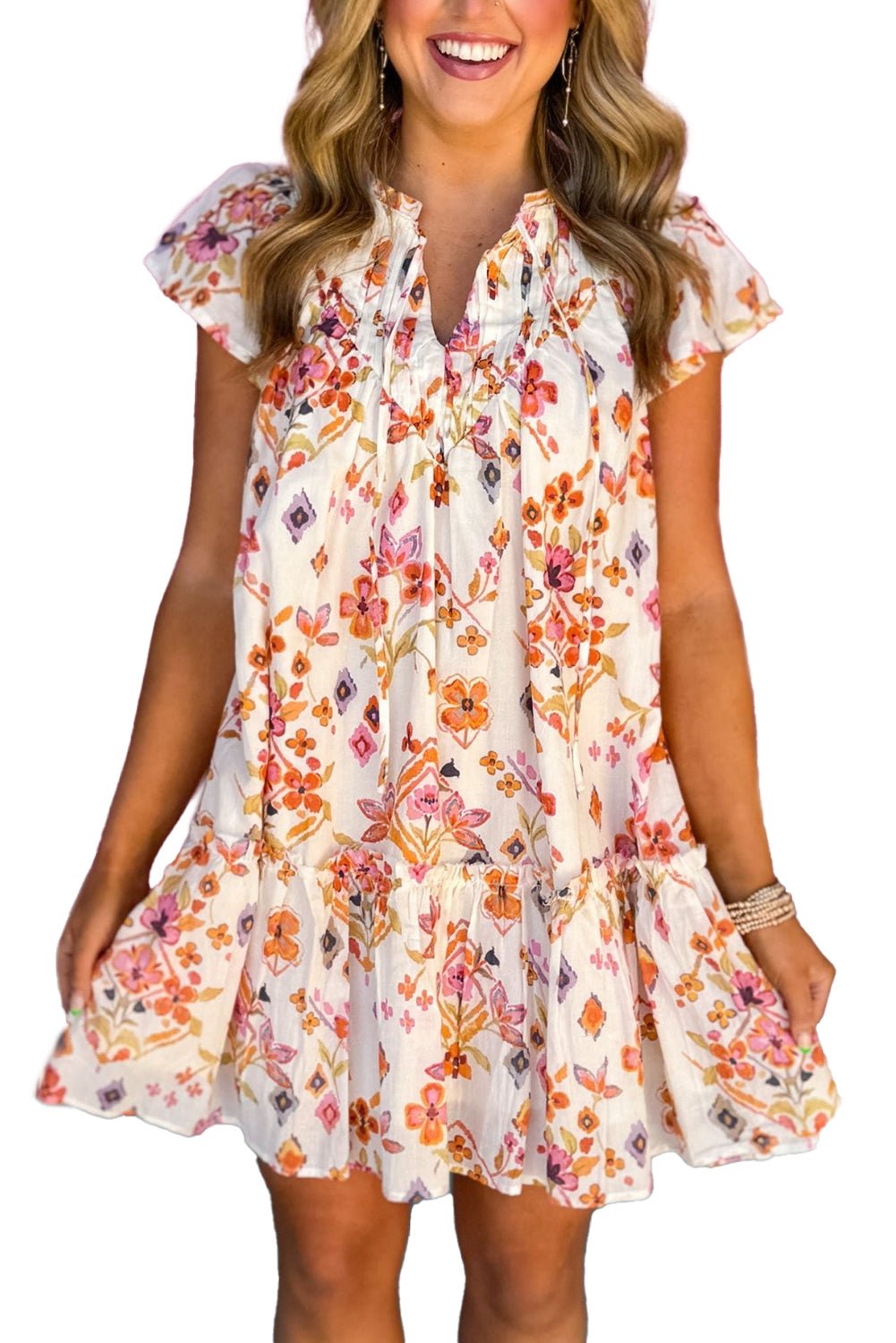 Apricot Floral Print Ruffled Trim Flutter Sleeve Mini Dress - MAD RUFFI
