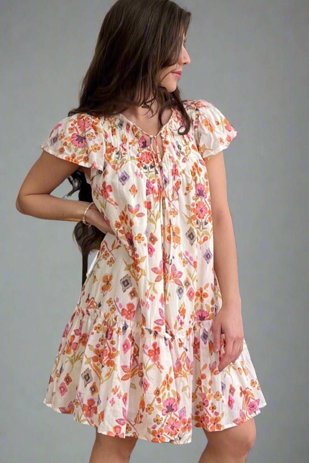 Apricot Floral Print Ruffled Trim Flutter Sleeve Mini Dress - MAD RUFFI