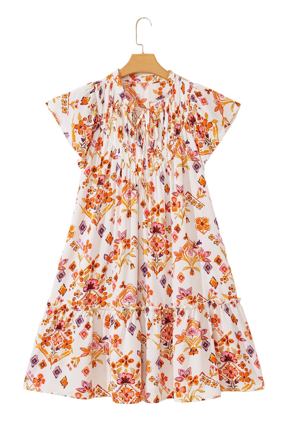 Apricot Floral Print Ruffled Trim Flutter Sleeve Mini Dress - MAD RUFFI