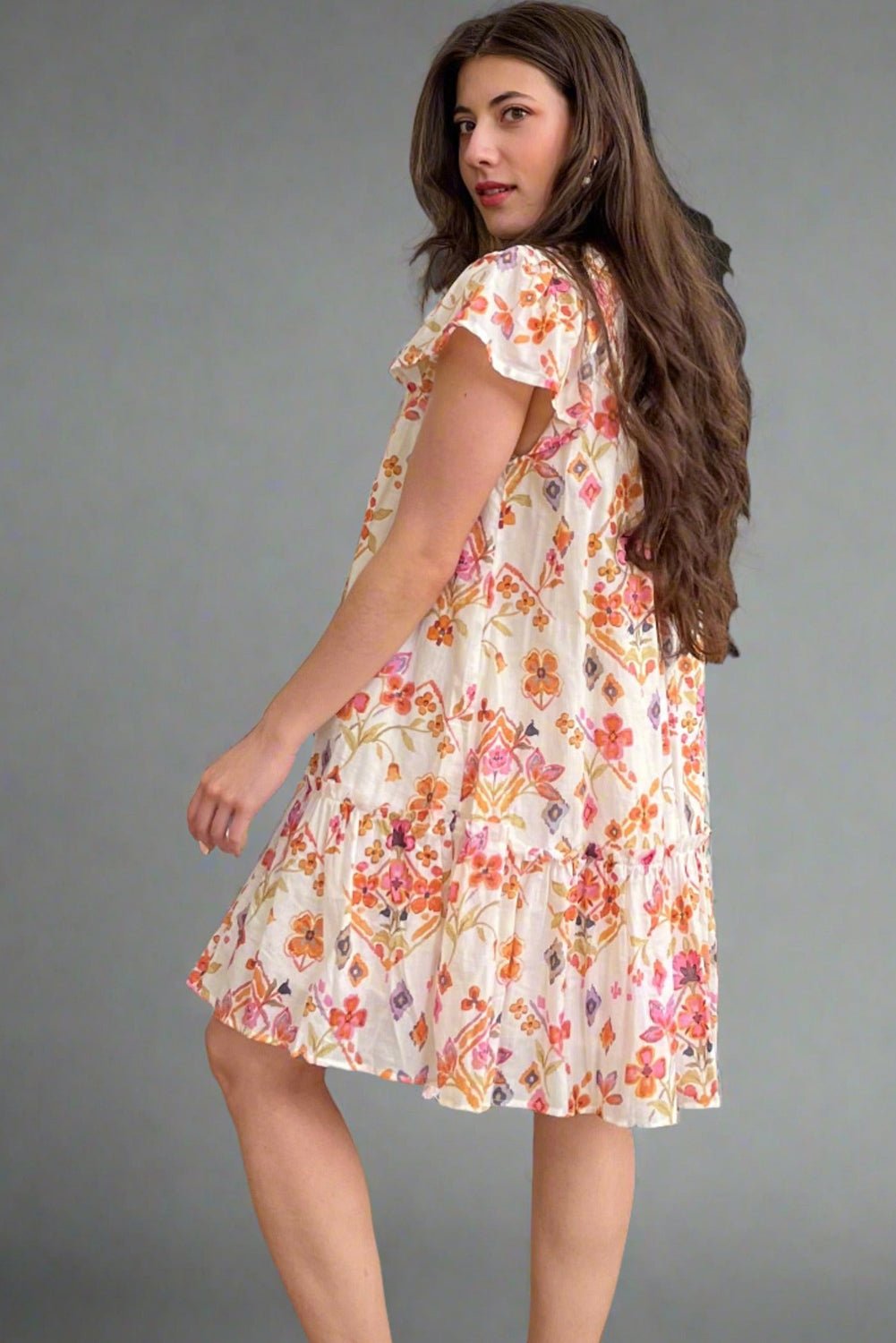Apricot Floral Print Ruffled Trim Flutter Sleeve Mini Dress - MAD RUFFI