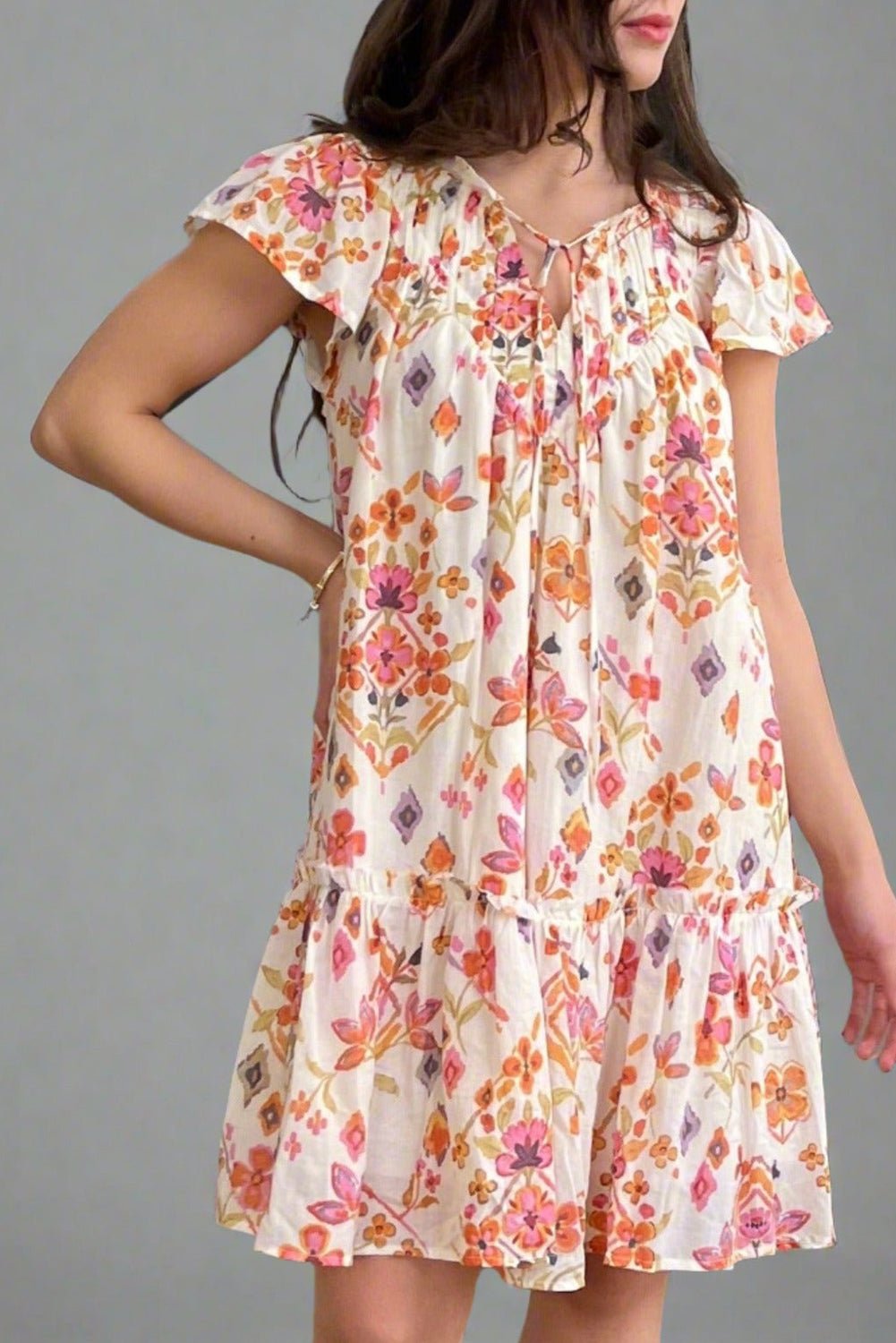 Apricot Floral Print Ruffled Trim Flutter Sleeve Mini Dress - MAD RUFFI
