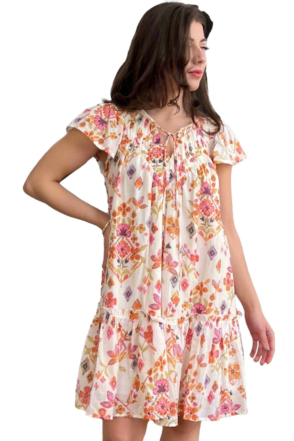 Apricot Floral Print Ruffled Trim Flutter Sleeve Mini Dress - MAD RUFFI