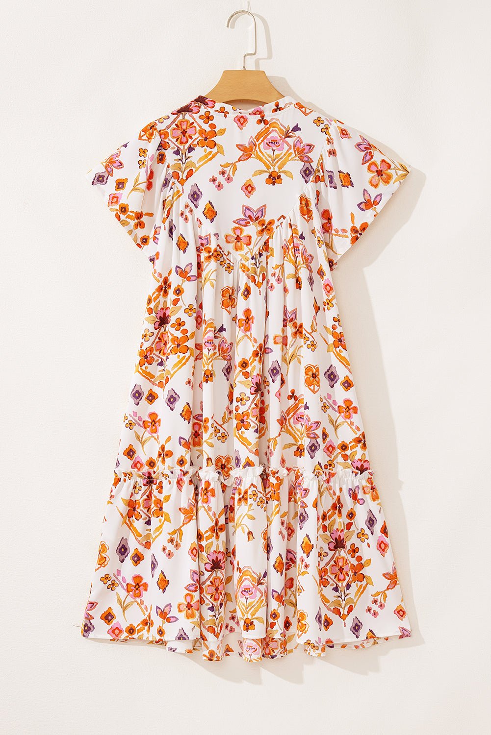 Apricot Floral Print Ruffled Trim Flutter Sleeve Mini Dress - MAD RUFFI