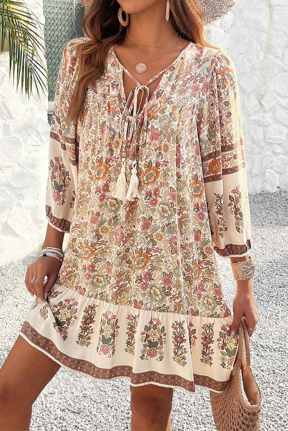 Apricot Floral Print Tassel Drawstring V Neck Loose Mini Dress - MAD RUFFI