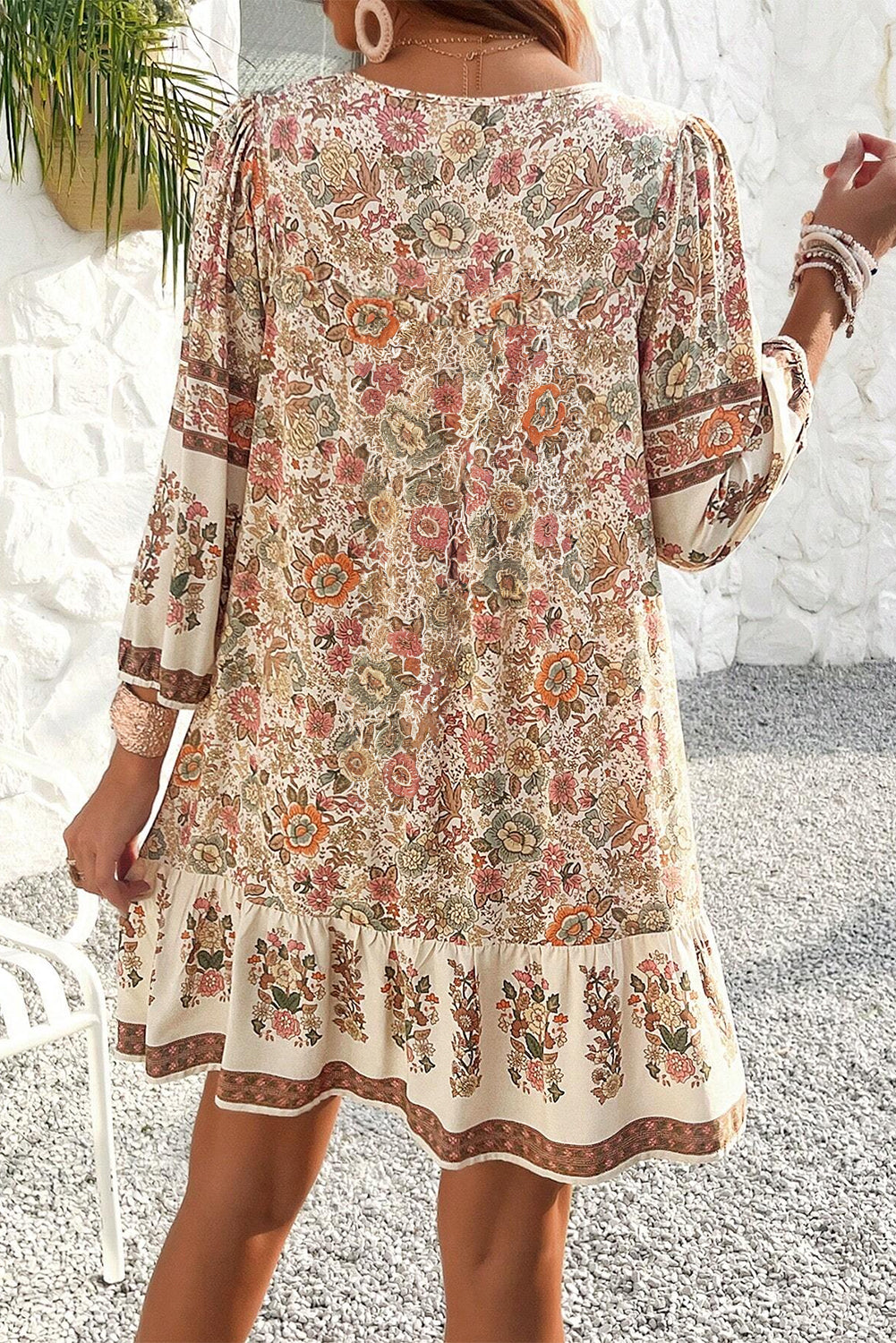 Apricot Floral Print Tassel Drawstring V Neck Loose Mini Dress - MAD RUFFI