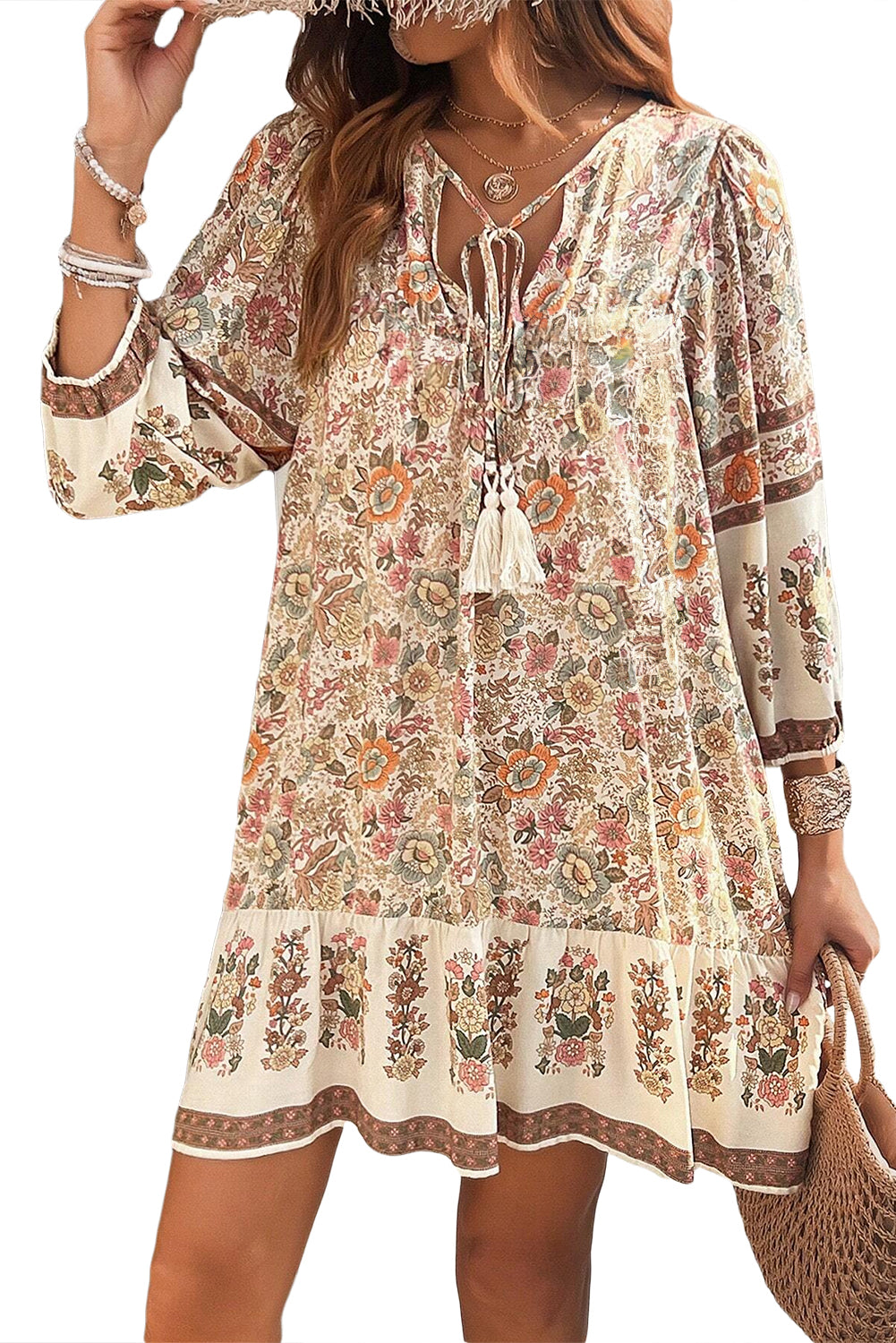 Apricot Floral Print Tassel Drawstring V Neck Loose Mini Dress - MAD RUFFI