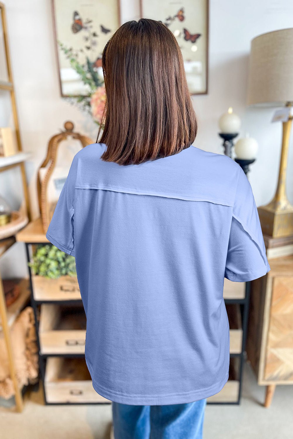 apricot flower patched exposed stitching trim loose tee - MAD RUFFI