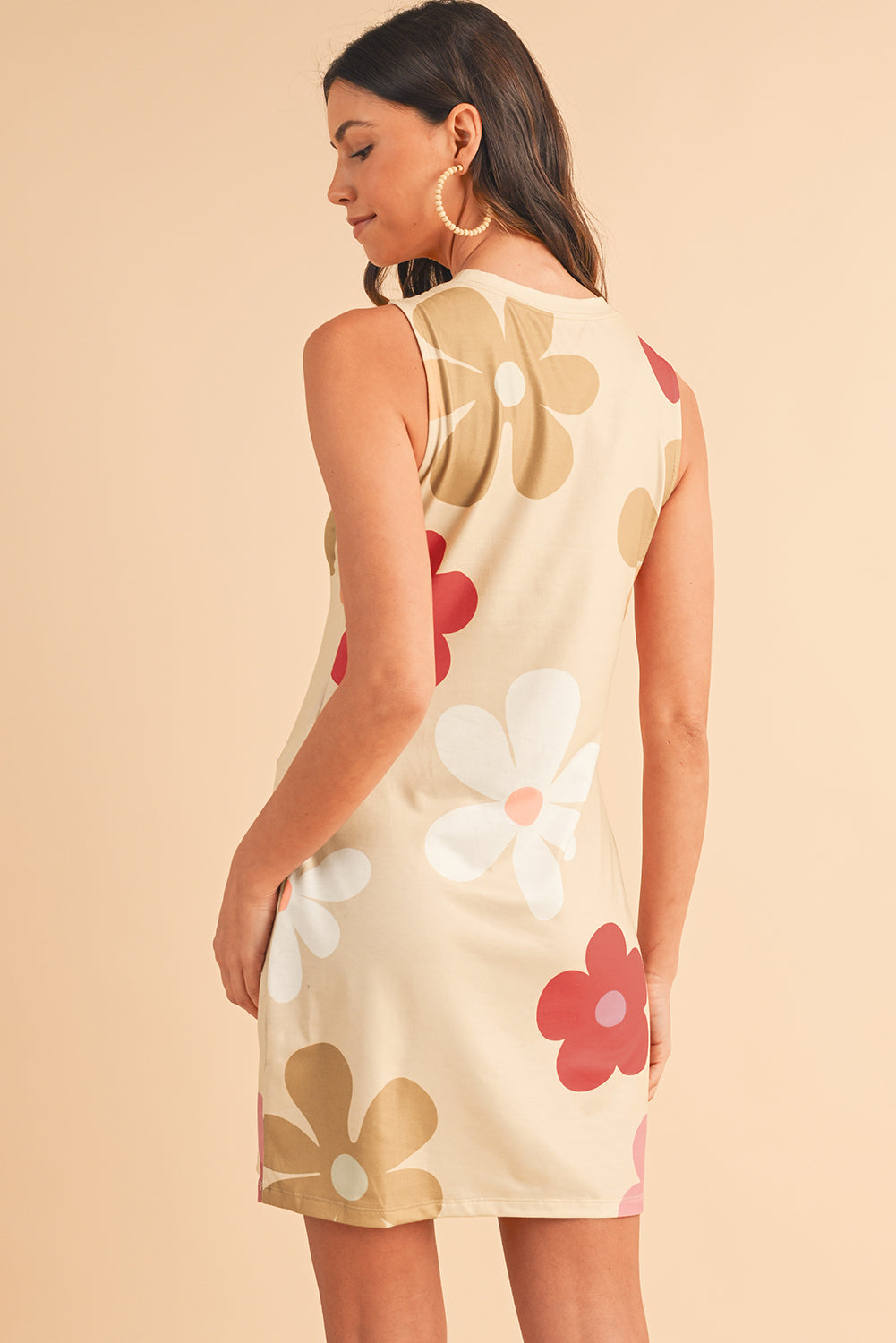 Apricot Flower Print Crew Neck Sleeveless Mini Dress - MAD RUFFI