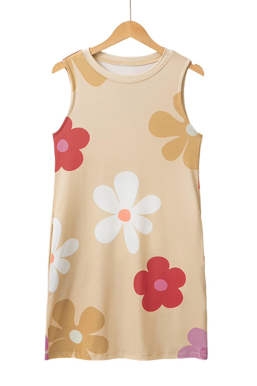 Apricot Flower Print Crew Neck Sleeveless Mini Dress - MAD RUFFI