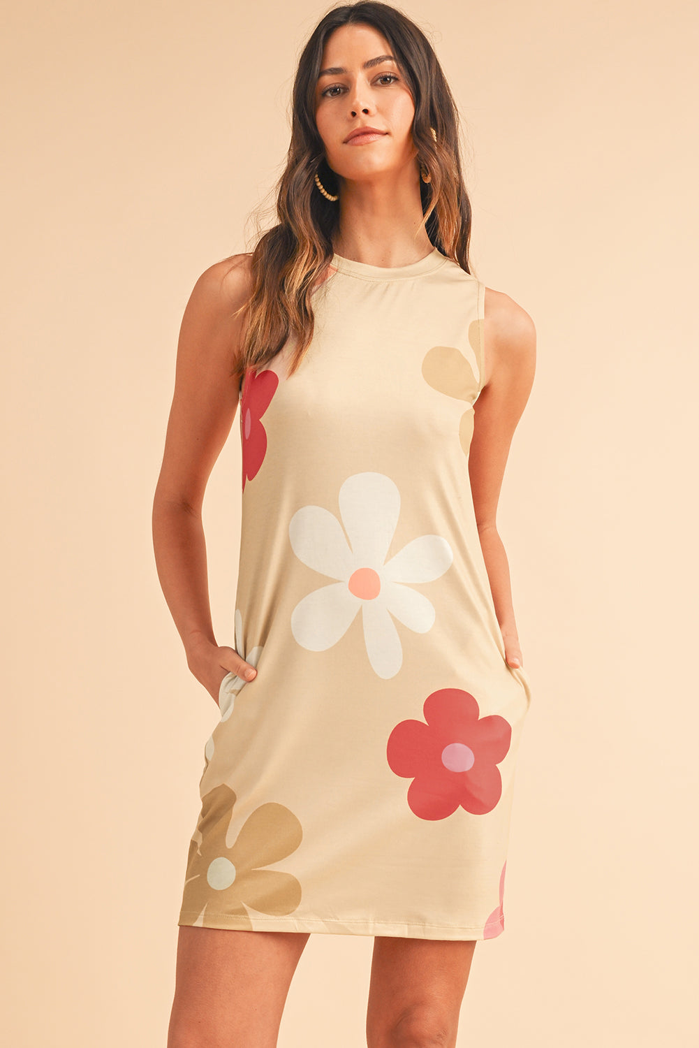 Apricot Flower Print Crew Neck Sleeveless Mini Dress - MAD RUFFI