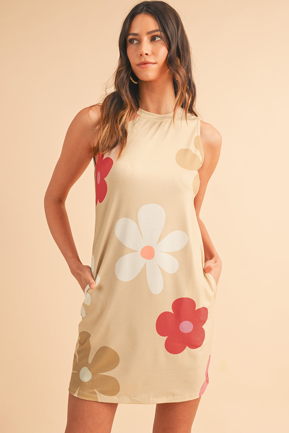 Apricot Flower Print Crew Neck Sleeveless Mini Dress - MAD RUFFI