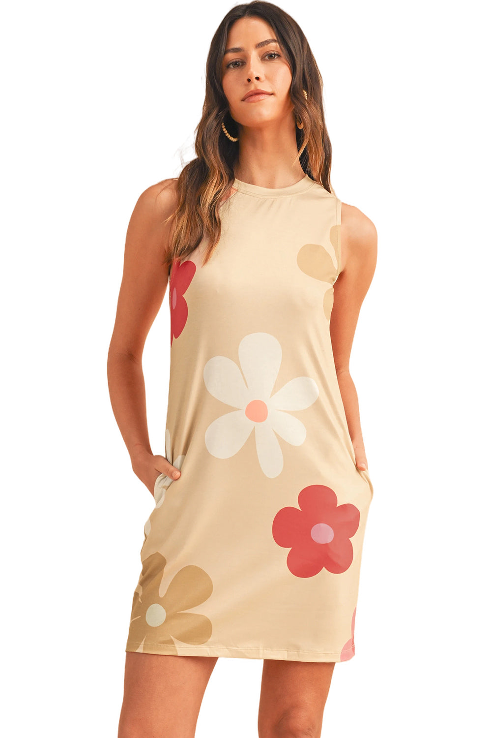 Apricot Flower Print Crew Neck Sleeveless Mini Dress - MAD RUFFI