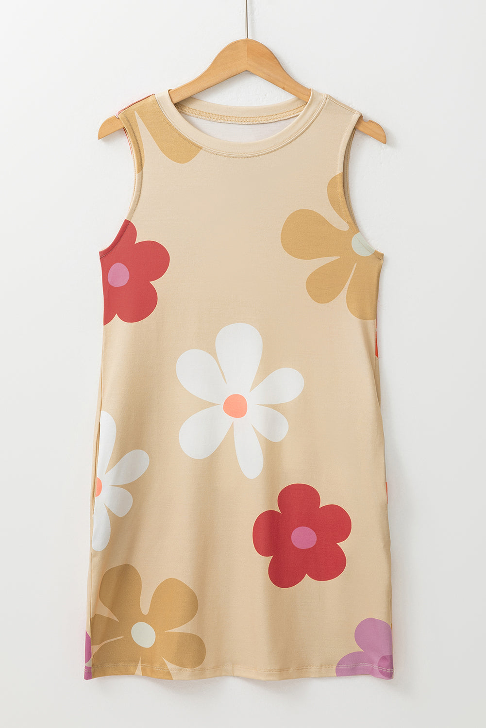 Apricot Flower Print Crew Neck Sleeveless Mini Dress - MAD RUFFI