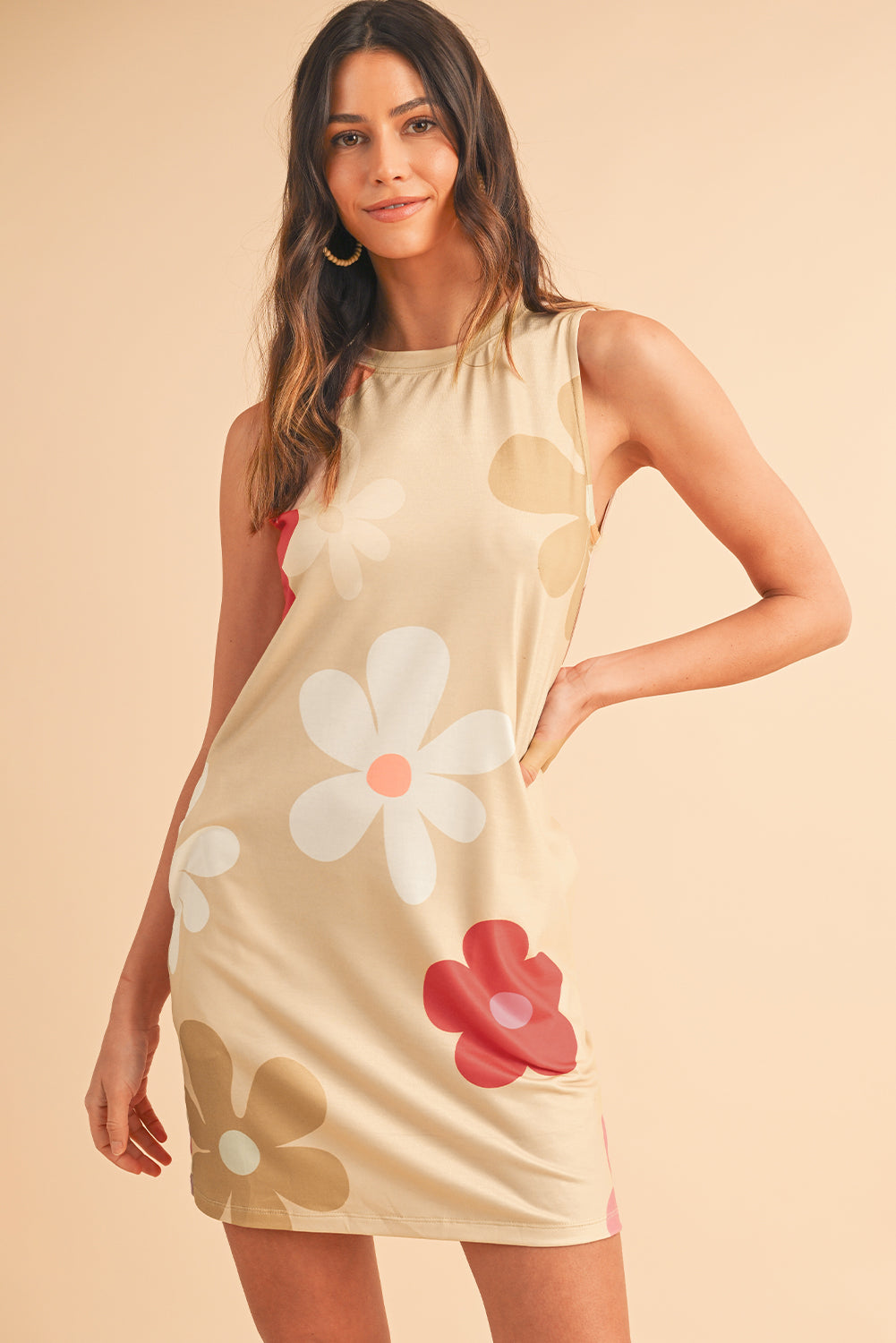 Apricot Flower Print Crew Neck Sleeveless Mini Dress - MAD RUFFI