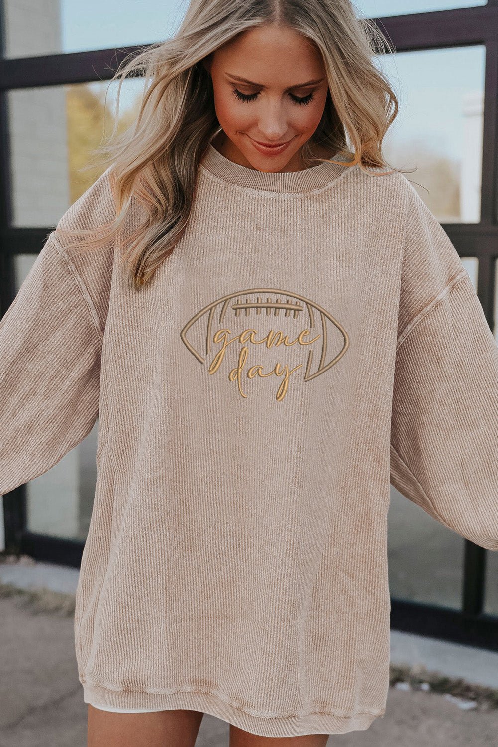 Apricot Football Graphic Drop Shoulder Game Day Corded Sweatshirt - MAD RUFFI