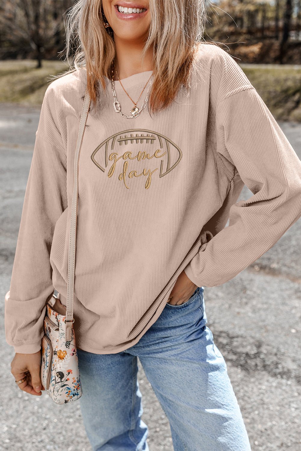 Apricot Football Graphic Drop Shoulder Game Day Corded Sweatshirt - MAD RUFFI