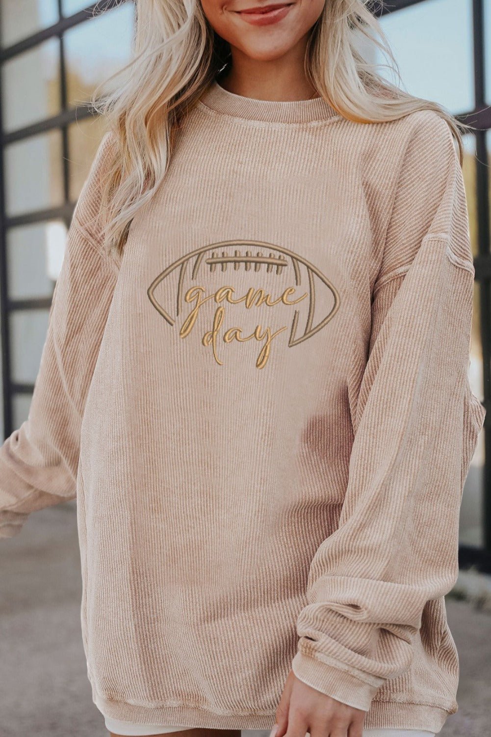Apricot Football Graphic Drop Shoulder Game Day Corded Sweatshirt - MAD RUFFI